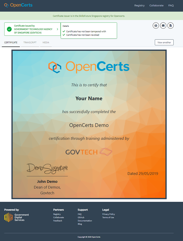 Fig 1 Demo certificate that has been verified by OpenCerts
